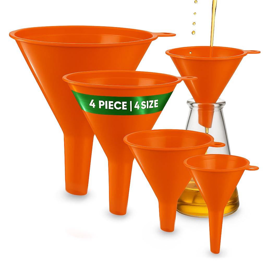 KarZone Oil Funnel Set - Plastic Funnels for Automotive &amp; Kitchen | Orange, 