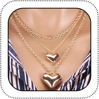 Layered Puffy Heart Pendant Necklace for Women Lady, Chunky Gold Double Heart Choker Long Link Chain Necklace Dainty Y2k Stacked Love Neck Jewelry