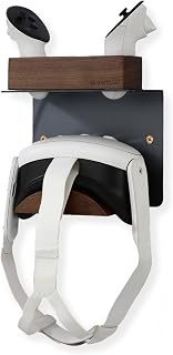 NIRVASH Walnut VR Headset Wall Mount Holder, Wood VR Wall Stand Storage Hook Compatible with Meta/Oculus Quest 3, 2, 3S, Vive Display Hanger, Game Room Decor Vintage Gift Organizer Shelf (No Charger)