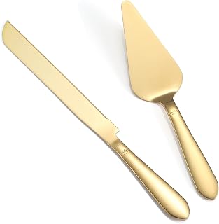 Eisinly Wedding Cake Cutting Set, Cake Knife and Server Set, 2Pcs Gold | Integral Stainless Steel Longer Cake Cutter and Wider Pie Spatula, Elegant, Ideal for Party Birthday Bridal Shower