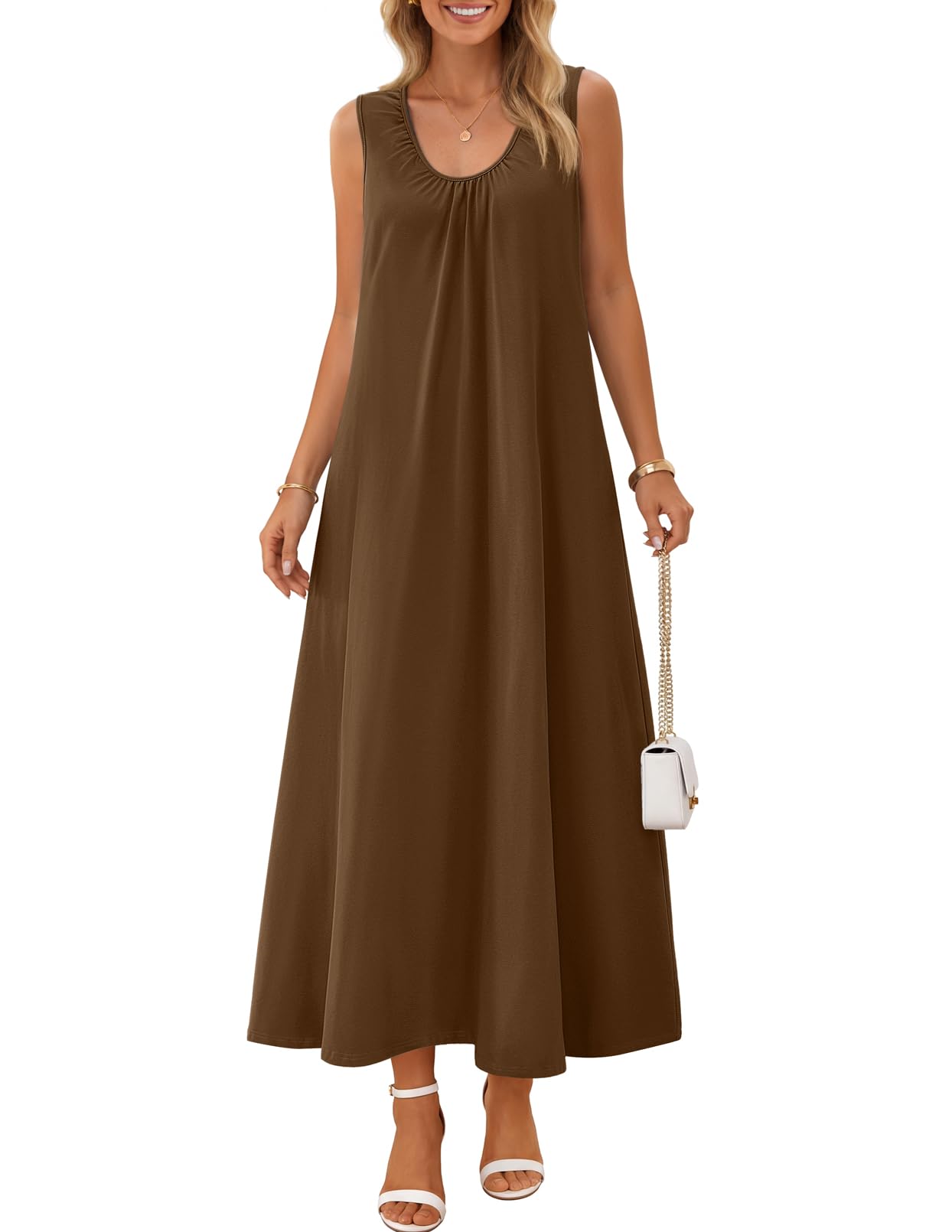 MEROKEETY Women's Summer Boho Sleeveless Ruched Maxi Dress