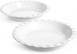 LE TAUCI Ceramic Pie Pans for Baking, 9 Inch, 36 OZ, Set of 2, White | Pie Plate for Apple Pie, Round Baking Dish, Fluted Rim for Crimping, Even Heat Distribution, Oven Safe, Stackable