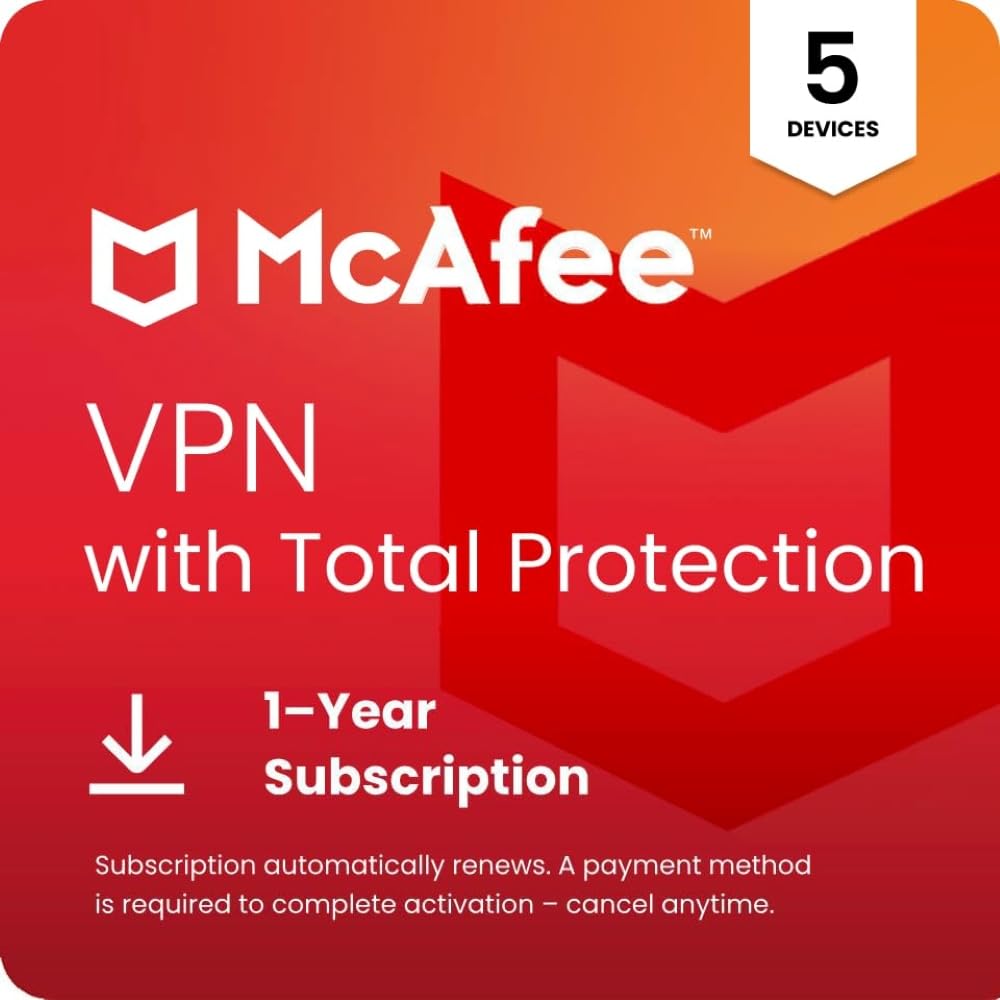 McAfee VPN with Total Protection | Secure Unlimited VPN 5 Devices |Antivirus and