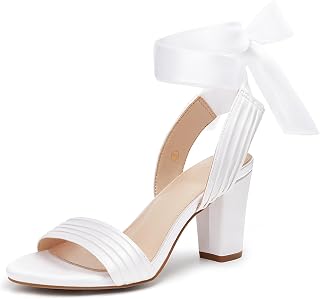 Coutgo Sandalias de tacón alto con tiras para mujer, con lazo, con cordones, puntera abierta, zapatos cómodos de vestir para boda, blanco satinado (White Satin), 6.5