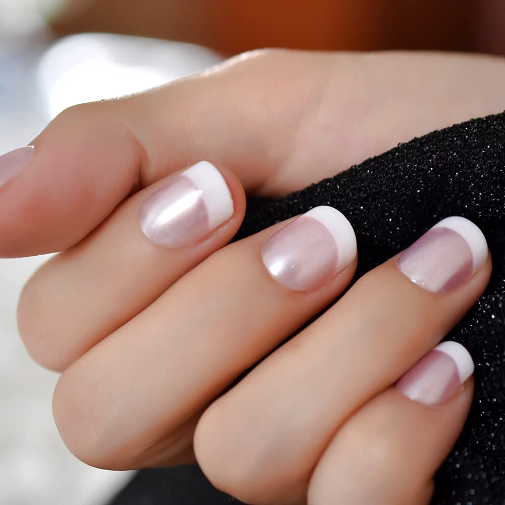 French Tips Glossy Pearl Pink Press-On Nails Medium Short Scobal Acrylic Fake Na