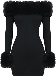 SOLY HUX Women's Bodycon Mini Dress Off The Shoulder Contrast Faux Fur Long Sleeve Dresses