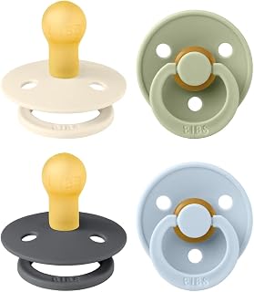 BIBS Colour Dummy, 0-6 Months, 4-Pack, Ivory/Sage/Iron/Baby Blue | Natural Rubber Latex | Size 1 | BPA-Free | Made in Denmark | High Teat Acceptance | Airflow Holes | Comfort Shield