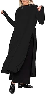 FUPODD Women's Long Winter Dress with Slit Pullover Dress Women's Oversize Warm Sweat Dress Long Sleeve Without Hood Pullover Calf Length Elegant Plain Dress Winter Women Crew Neck Wool Jumper Dress