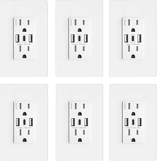 USB Wall Outlet, 30W GaN 6.0A USB Outlet Receptacles with 3 USB Ports,15 Amp Tamper-Resistant Electrical Outlet with 2 Type A&1 Type C,Screwless Wall Plate Included,UL Listed,6 Pack