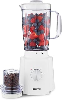 GEEPAS 2-in-1 Food Jug Blender | 1.6L Juice Jar & 100G Mini Coffee Spice Grinder 4-Leaf Stainless-Steel Blades 3 Speed & Pulse Safety Lock | Smoothie Maker for Ice Crushing 650W White (Renewed)