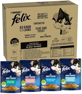 FELIX Le Ghiottonerie Wet Food for Adult Cats, 80 x 3 oz Sachets, Fish | Gelatin bites with Tuna Salmon Cod Cod