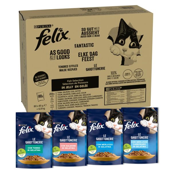 FELIX Le Ghiottonerie Wet Food for Adult Cats, 80 x 3 oz Sachets, Fish | Gelatin