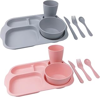 12 Pieces Plastic Plates and Bowls Set for Kids Reusable Bowl, Cup, Fork, Spoon, Knife, Microwave and Dishwasher Safe (Pink+Grey)