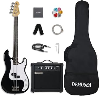 Demusea Electric Bass Guitar Kit With 20W Bass Amplifier Set Black Color Full Size 4String P Bass Beginner Starter Practice Bundle Solid Poplar Body Maple Neck Strap Bag Accessories Free Pack In (BK)