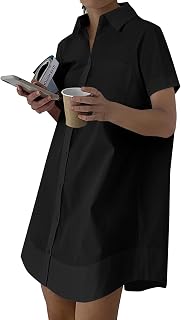 Rooscier Women Casual Collared V Neck Button Down Short Sleeve Loose Mini Dresses