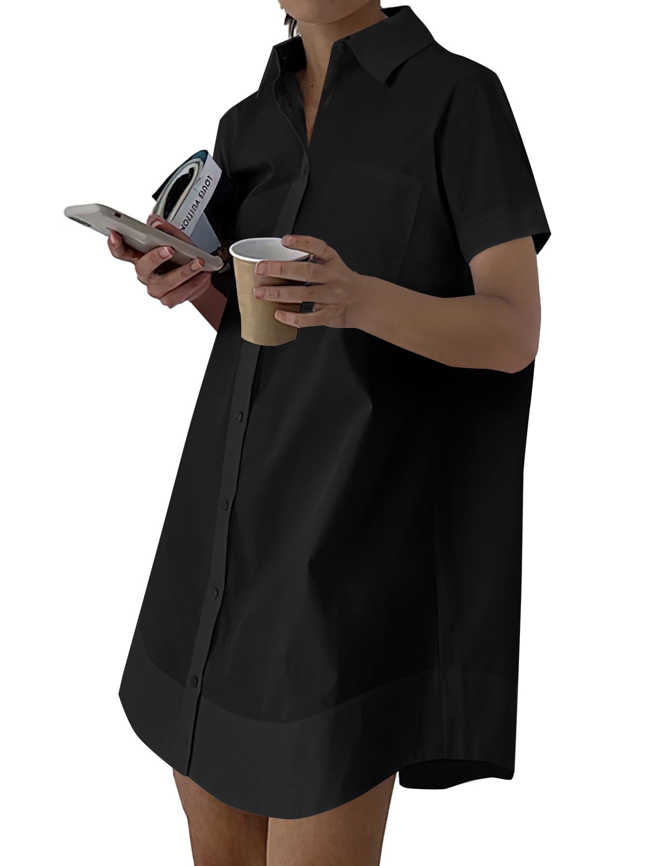 Rooscier Women Casual Collared V Neck Button Down Short Sleeve Loose Mini Dresse