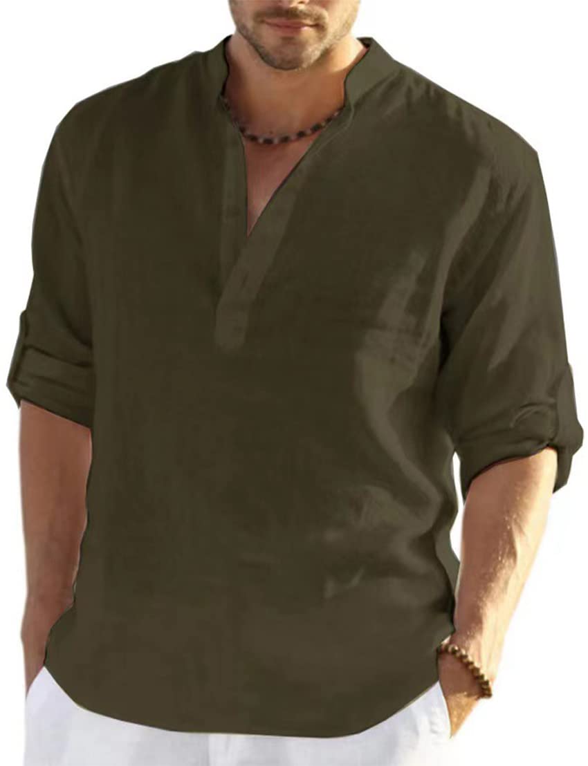 PADOLA Men's Linen Shirt Slim Fit Elegant White Summer Long Sleeve Casual Shirt