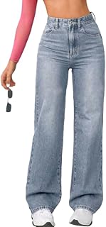 shownicer Women's Long Jeans High Waist Jeans Wide Jeans Baggy Denim Straight Trousers Vintage Stretch Casual Jeans Straight Wide Leg Pants Denim Trousers