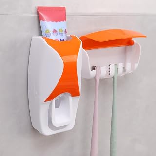 Automatic Dispenser Wall Mounted Toothpaste Squeezer and Toothbrush Holder Set for Family Bathroom Orange