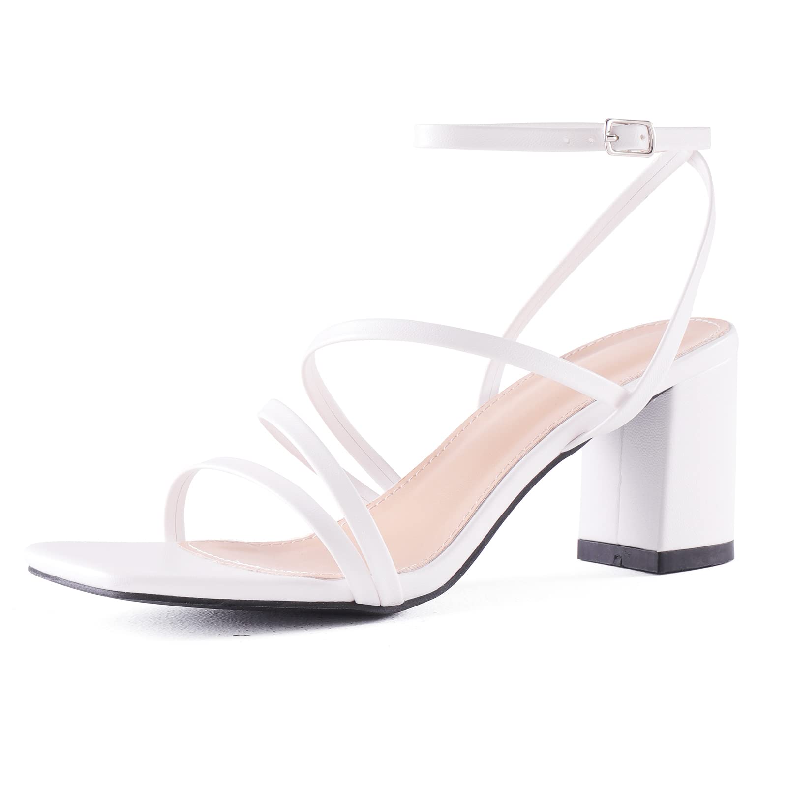 LACUONE Strappy Heels for women Block Heels Square Toe Chunky Ankle Buckle Pump 