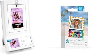 HP Sprocket Color Instant Photo Booth Machine Printer + Zink Sprocket 3.5x4.25" Adhesive Photo Paper (Pack of 100)