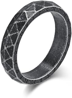 Rockyu Men's Ring, Stainless Steel, Vintage Ring, Silver, Unique Diamond Cut, Geometric Pattern, Scandinavian Letters, Carved Design, Minimalist Style, Simple Coordination, Christmas, Valentine's Day
