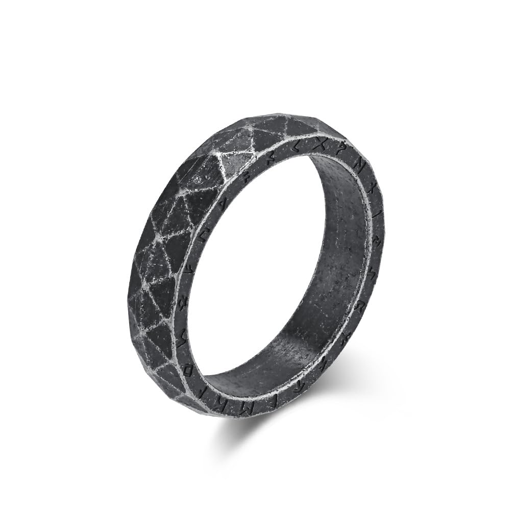 Rockyu Men's Ring, Stainless Steel, Vintage Ring, Silver, Unique Diamond Cut, Ge