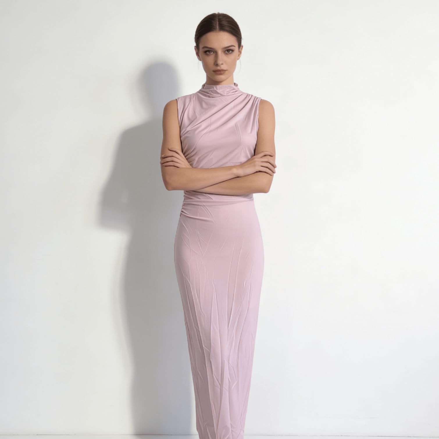 Plain Sleeveless Bodycon Dress with Pleated Detail for Evening