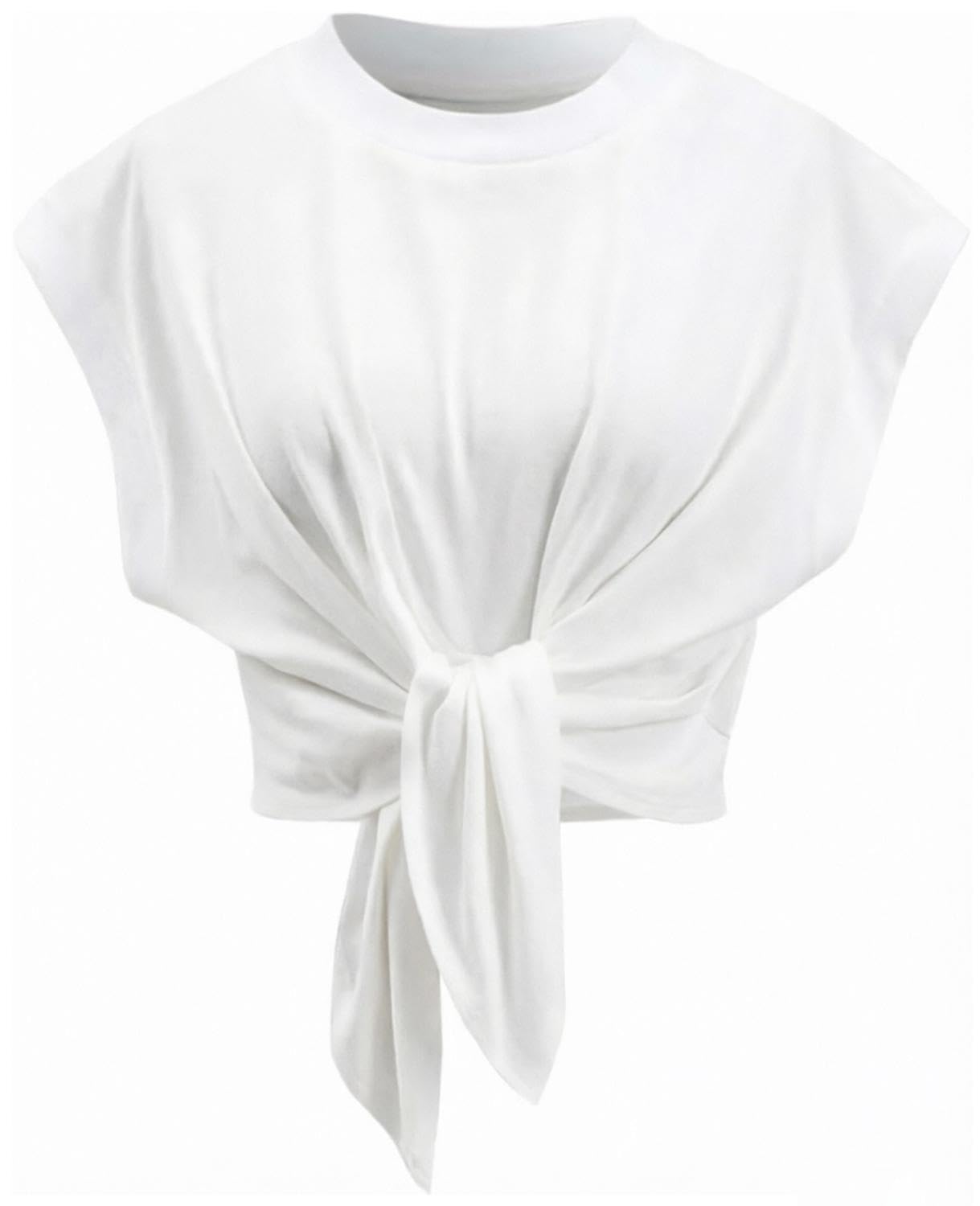 Crop Tops for Women Cap Sleeve Tie Front Solid Ruched T-Shirt Tops 2026 Summer C