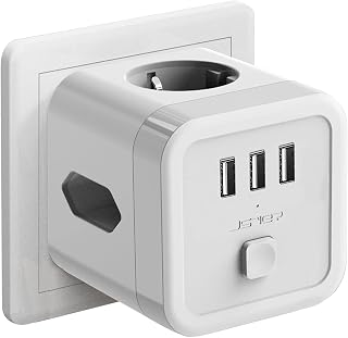 JSVER Multisocket with USB, Multisocket with Charger Multisocket Cube Compartments (1 Schuko Sockets, 2 European Sockets) with 3 USB Power Sockets for Home and Office, White