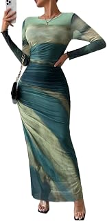 LIGHT DOT Women's Printed Bodycon Maxi Dress Long Sleeve Tie Dye Mesh Ruched Cocktail Dress