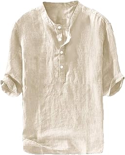 Henley Men's 3/4 Sleeve Linen Shirt Classic Fit Lightweight Beach Yoga Tunic Top
