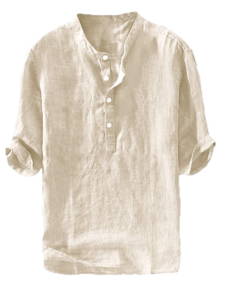 Henley Men's 3/4 Sleeve Linen Shirt Classic Fit Lightweight Beach Yoga Tunic Top