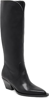 Coutgo Botas vaqueras de pantorrilla ancha para mujer, de gamuza, hasta la rodilla, tacón grueso, punta puntiaguda, botas vaqueras occidentales
