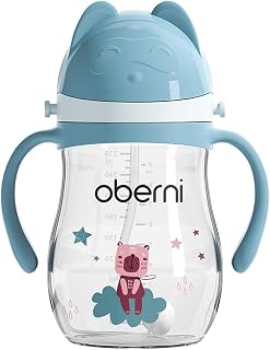 Oberni Leakproof Sippy Cups, Double Sealing No Spill Water Bottle with Weighted Straw and Non-Slip Handle for Toddler 1-3 Years, Tritan Baby Cups 12+ Months, 270ml/9oz (1Pack,Blue)