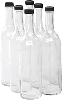 North Mountain Supply Glass Bordeaux Wine Bottles, 750ml, Case of 6, Clear | Home Brewing Wine Bottles, Alcoholic Drink Storage, Screw Top, Flat-Bottomed, Black Plastic Screw-Top Lids, Clear Flint Glass