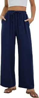 Women's Linen Trousers Summer Casual Fashion Fluid Trousers Cotton Chic Elastic Waist Beach Pants with Pockets