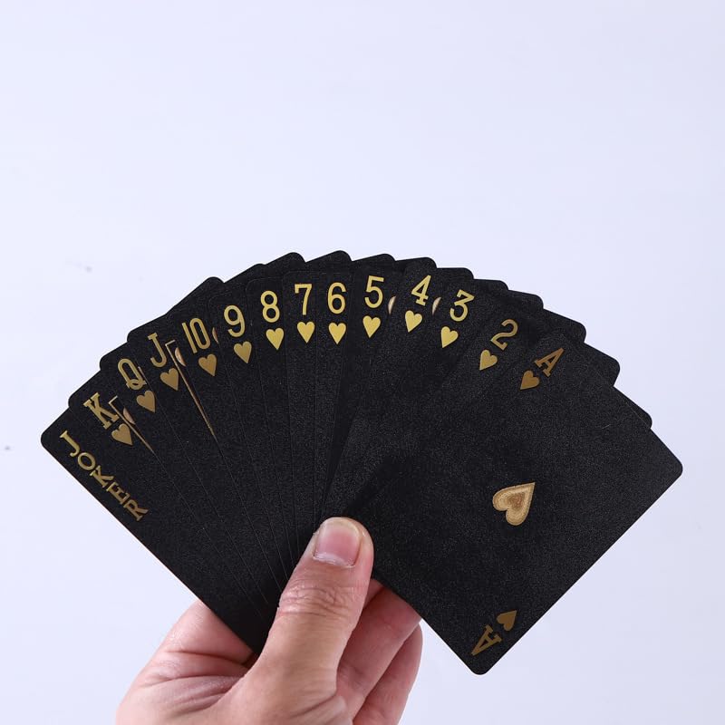 Waterproof Plastic Playing Cards - Black Deck with Gold Foil Lettering and Heart