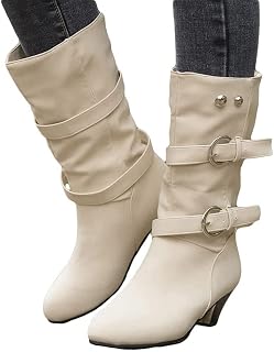 ORANDESIGNE Women's Leather Boots Medium Round Toe Chunky Heel Comfortable Warm High Boots Autumn Winter