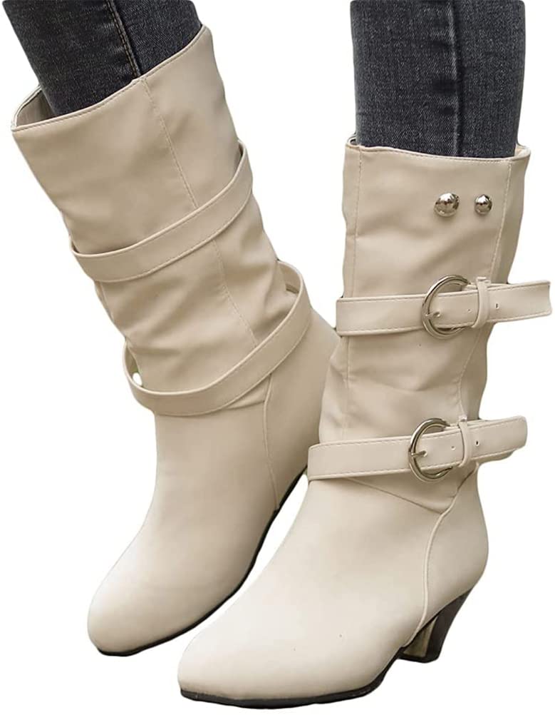 ORANDESIGNE Women's Leather Boots Medium Round Toe Chunky Heel Comfortable Warm 