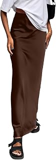 Vrtige Women's Elegant Satin Silky High Waist Zipper Flowy A Line Maxi Long Skirt Dark Brown# Small
