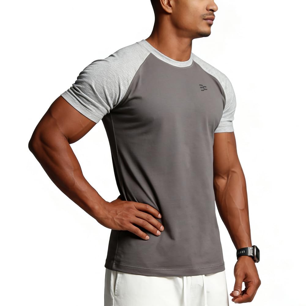 Men's Cotton Short Sleeve Raglan Crew Neck Gym Workout Athletic Tee