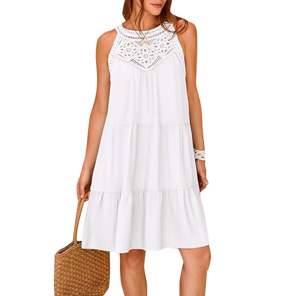 Odizli Women's Summer Dress Sleeveless Halter Neck Lace Boho A-Line Knee Length 
