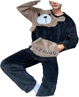 Men's Pyjamas Warm Long Pyjama Set Winter Two-Piece Men's Fleece Pyjamas Long Sleeve Shirt and Pyjama Bottoms Two Piece Set Long Sleeve Sleepwear with Pocket Sleepwear Leisure Suit