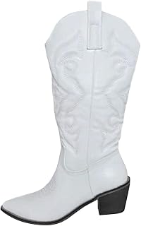 Ulalaza Women's Boots Western Cowboy Boots Mid Calf Cowgirl Boots Block Chunky Heel Embroidered Floral Mid Heel Casual Boots High Pointed Toe Boot Dress Boots Knee High Square Toe Short Booties