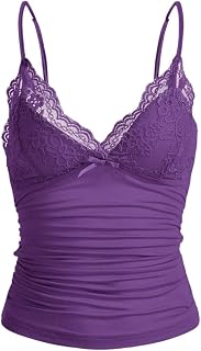 Naileksi Women Y2k Lace Trim Cami Top Spaghetti Strap Fairy Grunge Tank Top V Neck Ruched Bow Lace Patchwork Cami Shirt