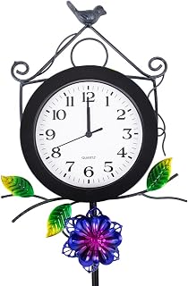 STANKGARDEN Outdoor Clock with Garden Stake, Flower Birdhouse Outdoor Wall Clock Waterproof, Silent No-Ticking Outdoor Clocks for Garden, Patio, Yard, Fence