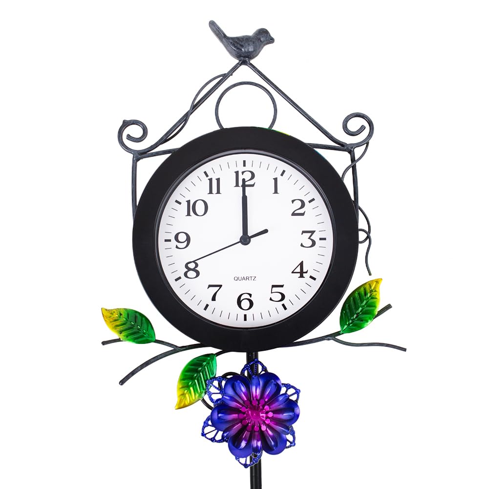 STANKGARDEN Outdoor Clock with Garden Stake, Flower Birdhouse Outdoor Wall Clock