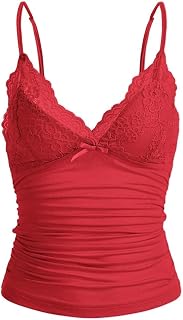 Naileksi Women Y2k Lace Trim Cami Top Spaghetti Strap Fairy Grunge Tank Top V Neck Ruched Bow Lace Patchwork Cami Shirt