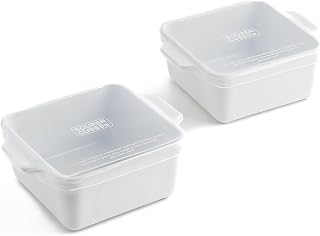 Souper Cubes 5x5" Ceramic Baking Dishes with Lids, White, 2-Pack | Premium US-Made Small Ceramic Baking Dishes with Silicone Lids, Oven, Microwave & Air Fryer Safe